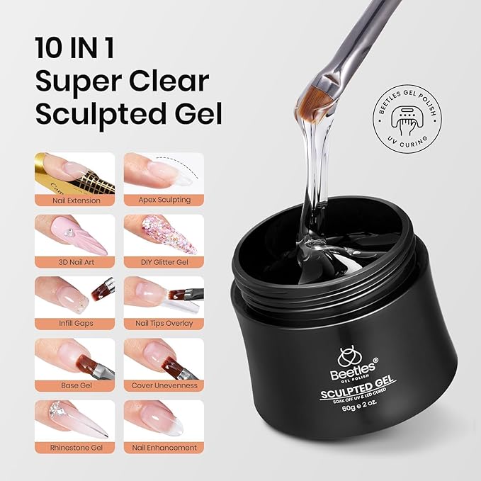 Beetles Hard Gel, 10 in 1 Large Capacity 60g Clear Scuplted Gel for Nail Extension,Sculpting & Overlays,Building,High Hardness with Nail Accessories for Pro Salon Use, LED & UV Lamp Needed