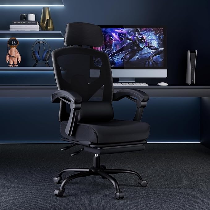 DUMOS Home Office Desk Chair with Footrest, High-Back Mesh Rolling Swivel Reclining Chairs with Wheels, Comfortable Headrest, Lumbar Support, Comfy Arms for Home, Office, Gaming, Student, Inky