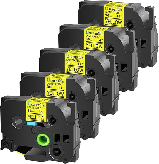 5 Pack TZe-661 36mm Label Tape Compatible for Brother P-Touch TZe TZ Tape 36mm 1.4'' Laminated Yellow TZe661 TZ-661 Black on Yellow 1-1/2'' for Ptouch Label Maker PT-P910BT P900W P950W