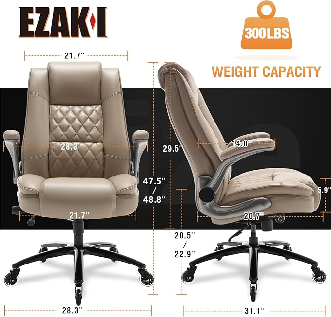 High Back Office Chair, Ergonomic Executive Computer Desk Chair | Flip Arms, Adjustable Built-in Lumbar Support, Thick Padded, Strong Metal Base, Quiet Wheels Work Chairs for Long Hours