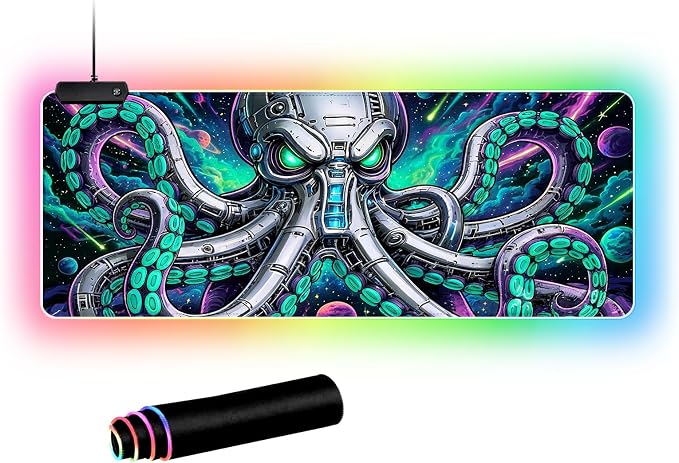 Cyberpunk Mechanical Octopus RGB Gaming Mouse Pad – 31.5"x11.8" XL LED Desk Mat with Neon Space Kraken Design, Upgraded Type-C Powered for PC & Laptop Setup