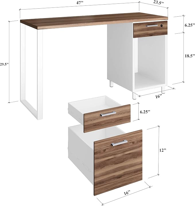 Modern Design Milano Office Computer Desk with 3 Locking Drawers, 48 Inch Walnut and Black Industrial Wood Desk with Filing Drawer and Storage By Crafts and Comfort