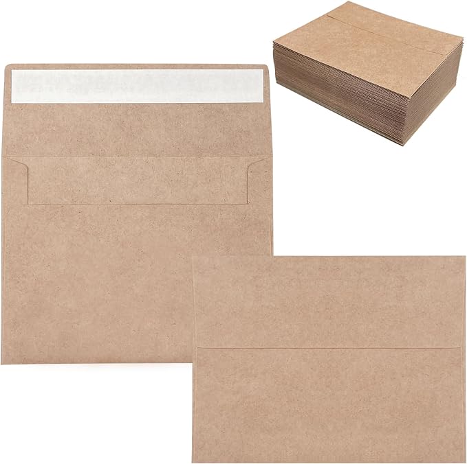 100 Pack A2 Envelopes for Card Making, Brown Kraft Envelopes for Invitations, Self Seal Greeting Card Envelopes for 4x5 Cards, Photos, Invitation Envelope for Wedding, Graduation, Baby Shower