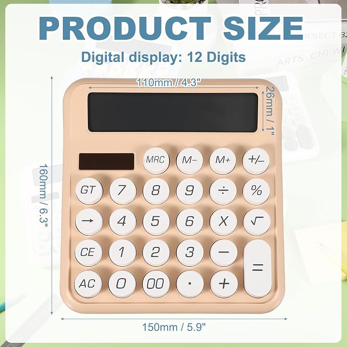 PATIKIL Cute Calculator, Desk Calculator Basic Big Button 12 Digit Large Display Mechanical AAA Battery Solar Power for Office Supplies Girl Female Woman Gift, Beige