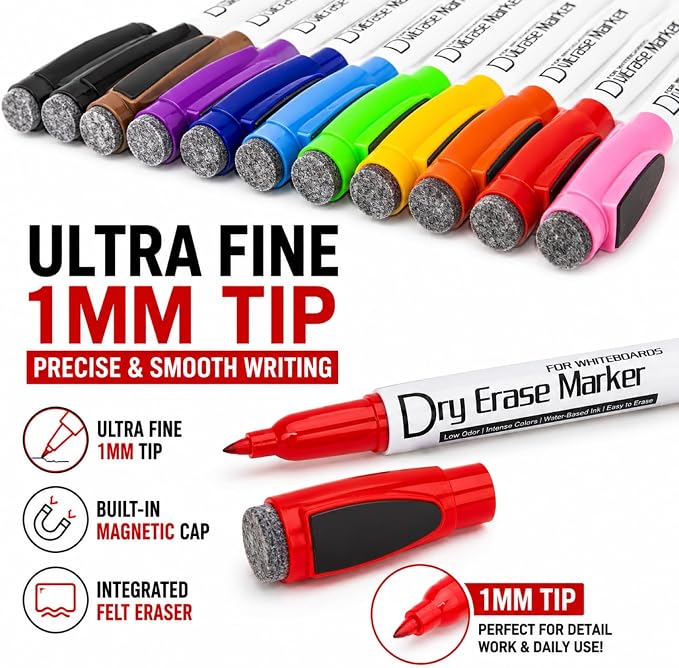 Volcanics Magnetic Dry Erase Markers, 1mm Fine Tip, 10 Colors, 12 Pack | Low Odor Whiteboard Pens with Magnetic Caps for Whiteboards, Glass, Calendars, Office, Classroom, School, Home