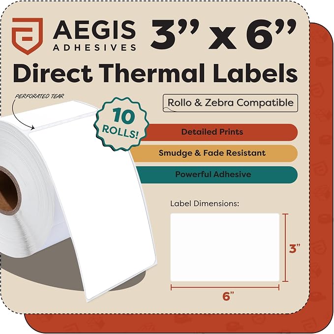 3" X 6" Direct Thermal Labels (2500 Count, 10 Rolls) - Large | Postage Shipping Labels, Warehouse and Inventory Identification - 1" Core Compatible With Zebra and Rollo Printers