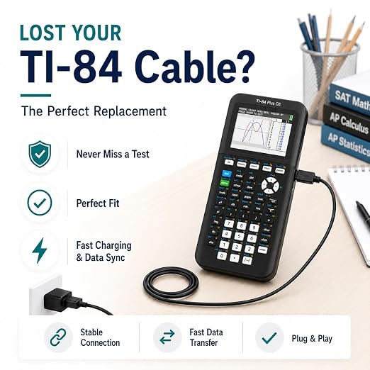 TI-84 Plus CE Charger Cable, USB-C to Mini USB Charge & Sync | Reliable USB-A to Mini USB Charge & Sync cable for TI-84 Plus CE calculators.