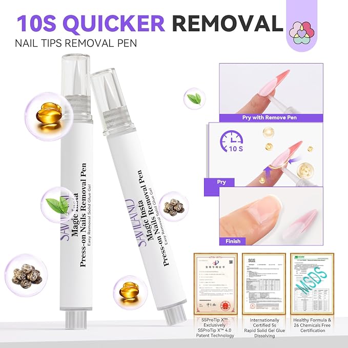 SAVILAND Solid Nail Glue Gel: 20g Gel Nail Glue and Nail Glue Remover for Press ons U V Nail Lamp Super Strong Hand-Free Nail Glue for Nail Tips Press-on Nail Remover Pen X Gel Glue Beginner Friendly