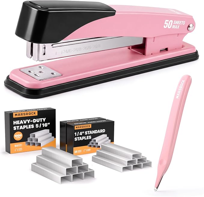 Marsrock Heavy Duty Stapler for Desk with 50 Sheet, 3000 Staples, Pink | Office Stapler, Classroom Stapler, Teacher Stapler, Full Strip Desktop Stapler, Easy to Load & Magnetic Staple Remover