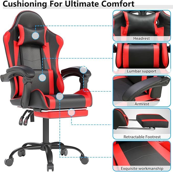 Gaming Chair with Headrest and Lumbar Support, Ergonomic High Back Office Chair, Racing Style Executive Computer Desk Chair, Leather Adjustable Swivel Task Chair for Home Office (Red Black)