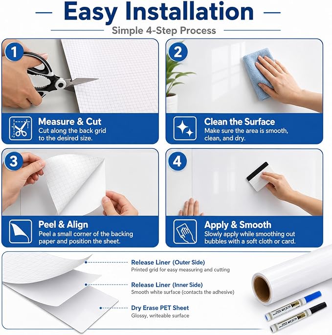 Dry Erase Paper for Wall 48" x 24", Self Adhesive White Board Wallpaper Peel and Stick, No Ghosting Whiteboard Contact Paper for Home Office Classroom
