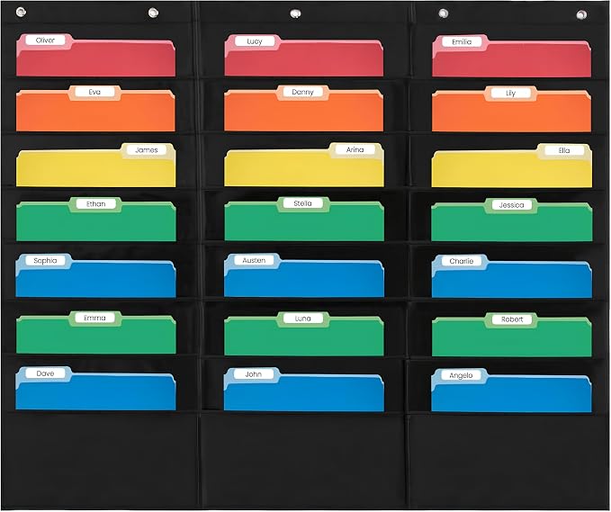 Essex Wares - 21 Pocket File Pocket Chart, Black, 42" Wide x 35" Tall | Versatile Wall Hanging File Folder Organizer for Classrooms, Offices, Home, and More - Wall Folder Organizer