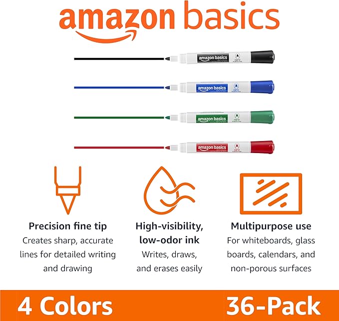 Amazon Basics Low-Odor Dry Erase Whiteboard Markers, Fine Tip, Quick-Dry, 4 Assorted Colors, 36-Pack