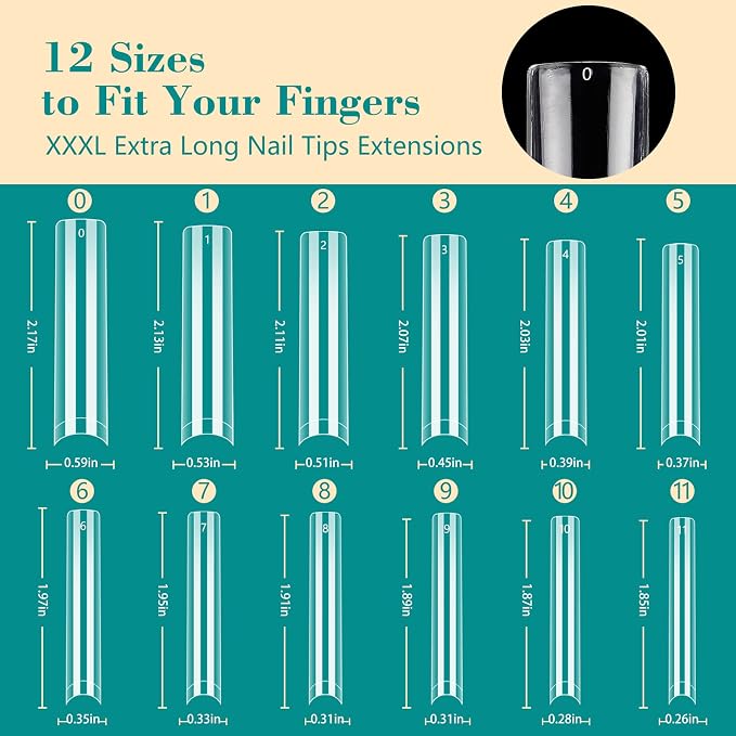 LIONVISON 3XL Square Nail Tips: No C Curve Flat Nails Tips for Home DIY | No C Curve Half Cover Extra Long False Nails Tip Fake Nail Extension for Beginners - 12 Sizes Fit Most Nail Beds