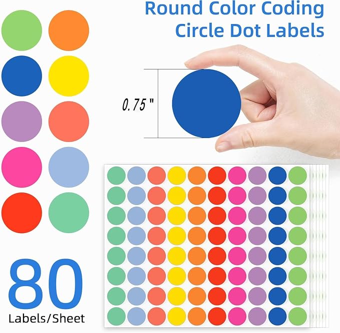 1600 PCS, 3/4" Color Round Dot Stickers, 10 Colors-20 Sheets | Circle Color Coding Blank Labels for Kids/Office/Classroom, Easy Peel, Ideal in Garage/Yard Sale Price self-adhesive Labels