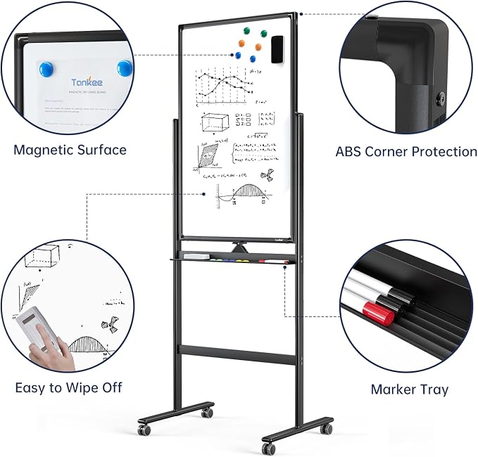 Rolling Whiteboard 40”x24” Standing White Board Dry Erase Board on Wheels | Height Adjustable, Magnetic Surface, Dry Erase, With Stand, Ideal for Classroom, Office, School, Home, Homeschooling, Teacher