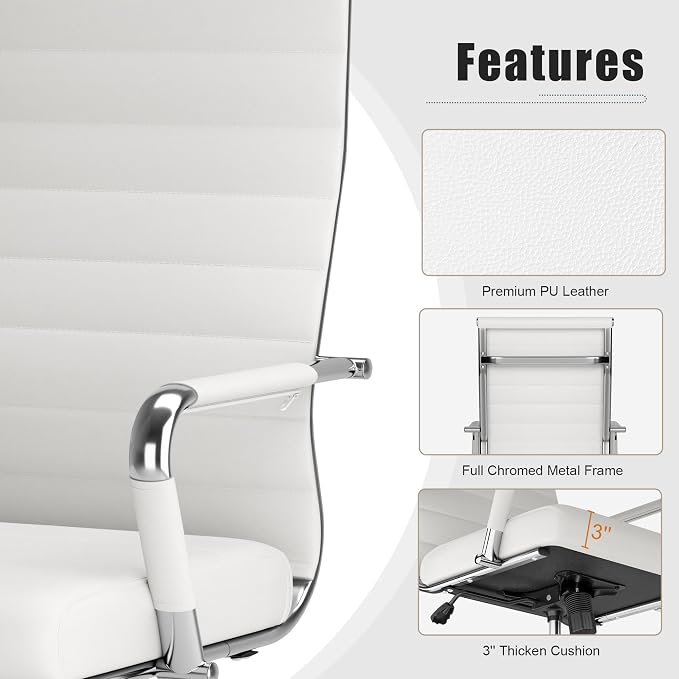 Okeysen Office Desk Chair, Ergonomic Leather Modern Conference Room Chairs, Executive Ribbed Height Adjustable Swivel Rolling Chair for Home Office Set of 6. (White)