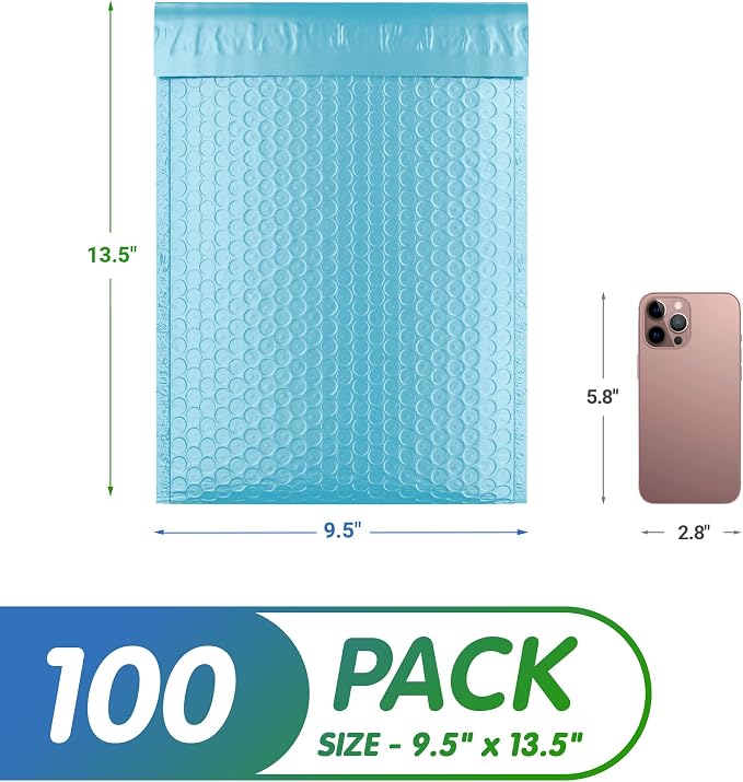 Poly Bubble Mailers, 10.5 x 16 Inch Light Blue Padded Mailers, Self Seal Shipping Envelopes, Lightweight Poly Mailer Bags, Waterproof Mailing Bags, Pack of 100