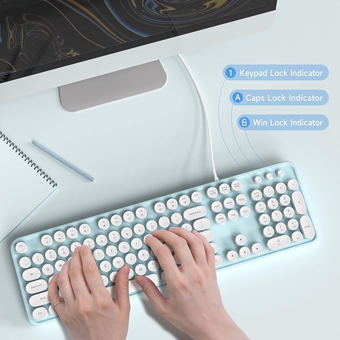 Computer Keyboard Wired, Plug and Play USB Retro Round Typewriter Keyboard, Full Size Wired Keyboard with Foldable Stands for Laptop and Office PC