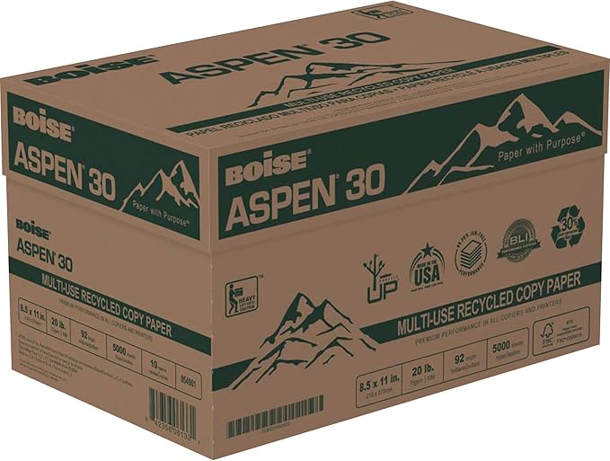 Boise ASPEN 30 Multi-Use Printer & Copy Paper, 10 Reams, White, Letter Size, 5000 Sheets Per Case- 054901-CTN
