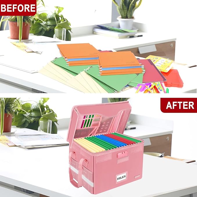DocSafe Fireproof Document Box with Lock,File Storage Organizer with Zipper Pockets,Collapsible Portable File Box Home Office Safe Filing Cabinet with Handle for Hanging Letter/Legal Folder,Pink