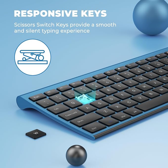 Vssoplor Wireless Keyboard and Mouse, Rechargeable Ultra Slim, Black Blue | Quiet Full-Size Keyboard and Mouse Combo Set, for Laptop, PC, Notebook, Desktop, 2.4GHz Stable Connection, Ideal for Office
