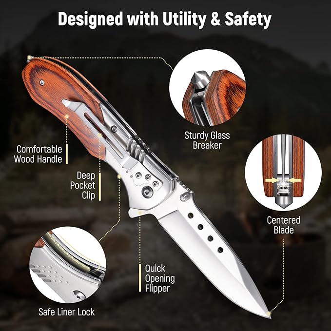 Pocket Knife for Men - Sharp Blade Wood Handle Pocket Folding Knives with Clip, Glass Breaker - EDC Knives for Survival Camping Hunting Fishing Hiking Women, Large, Silver