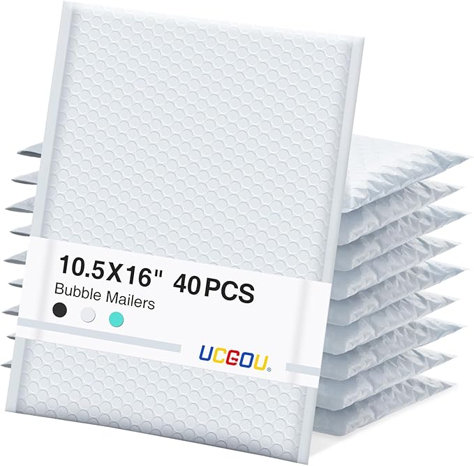 UCGOU Bubble Mailers 10.5x16 Inch 40 Pack Usable Size 10.5x15 Inch Large Padded Envelopes White Waterproof Packaging Bags for Shipping Self Seal Strong Adhesion Envelopes for Jewelry Makeup Supplies