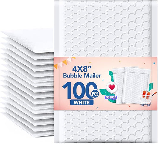 GSSSUSA Bubble Mailers 4x8 Inch 100 Pack Padded Envelopes Usable Size 4x7 Inch Shipping Envelopes Self Seal Small Packaging Shipping Bags for Mailing Jewelry, Small Business, White