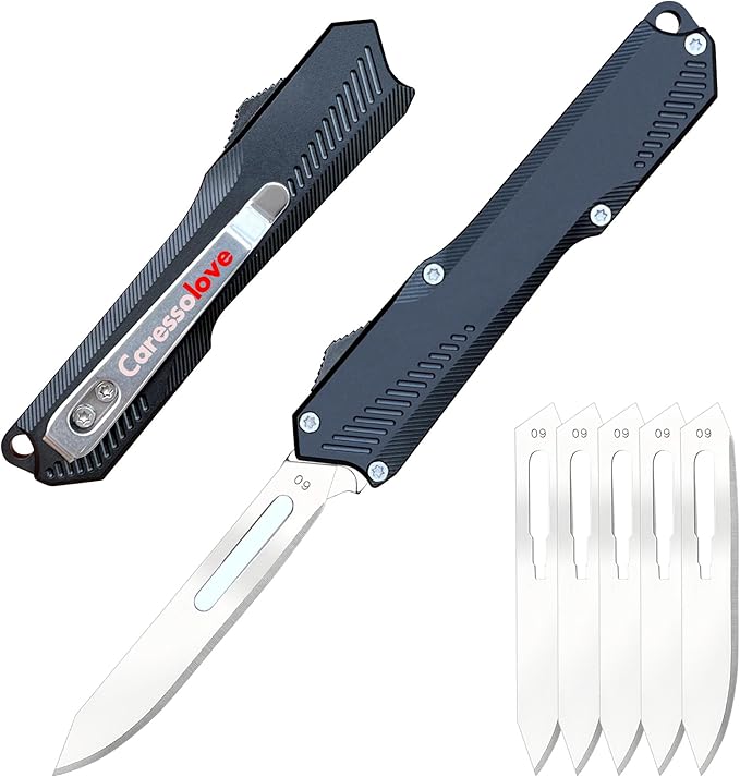 Automatic Scalpel Pocket Knife, Small Auto Retractable Knife Push Button, 5PCS #60 Mini Razor Blades Utility Knife, EDC Replaceable Blade Box Cutter with Clip