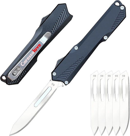 Automatic Scalpel Pocket Knife, Small Auto Retractable Knife Push Button, 5PCS #60 Mini Razor Blades Utility Knife, EDC Replaceable Blade Box Cutter with Clip