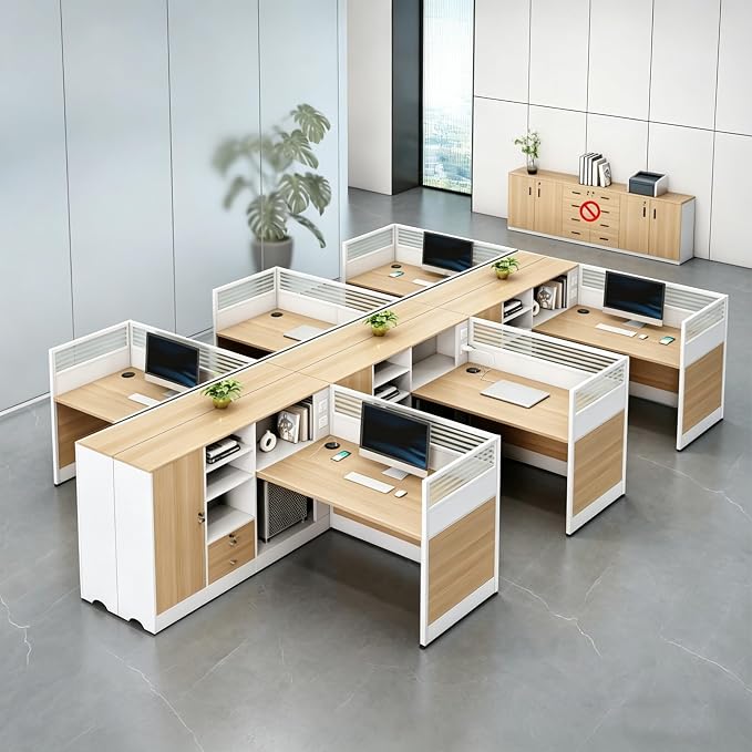 Modern Office Workstation Desk with Side Storage Cabinet, Tempered Glass Privacy Panels, USB Charging Hub & Cable Management, Modular Cubicle Desk for Office Work (D - Left, 6P)