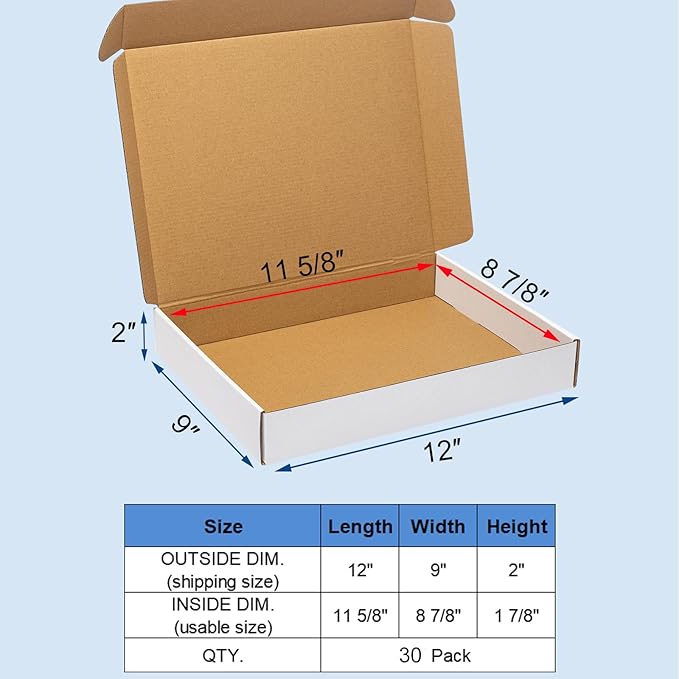 Shipping Boxes 12x9x2" 30 Pack - White Corrugated Cardboard Box Mailers for Small Business, Literature Mailer Box Packaging Supplies