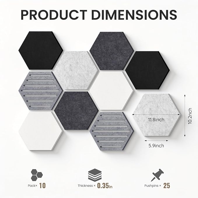 Hexagon Cork Bulletin Board Tiles, 10 Pack Felt Board with 25 Push Pins, Photo Display Board for Office & Home Classroom Wall Decor, 11.8x10.2 Inches