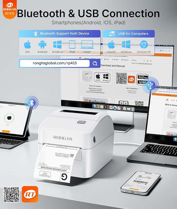 Rongta Bluetooth Shipping Label Printer RP415, Wireless 4x6 Thermal Label Printer for Shipping Packages, Small Business, Home, Office, Compatible with E-Commerce Platform