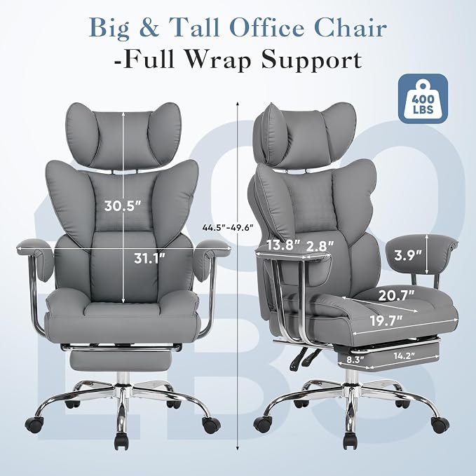 DUMOS Big and Tall Home Office Desk Chair, Executive Chair with Footrest | Scratch-Resistant PU Leather, Ergonomic Reclining, Pocket Spring Support, 400 LBS Weight Capacity, Grey