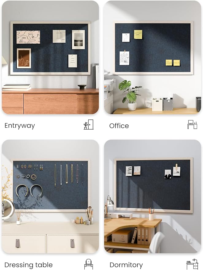 Fluxynara 35.4" x 23.6" Felt Frame Bulletin Board, Carbon Blue | Cork Board Alternative with 24 Removable Adhesive Tabs, Foldable Pin Board for Wall, Home, Office, Classroom & Dorm