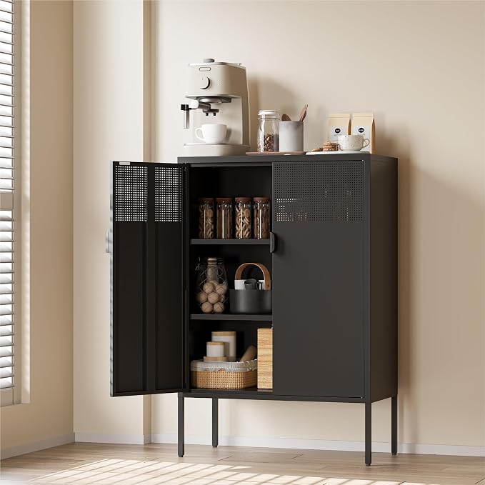 COFaR Black Metal Cabinet with Adjustable Shelves, 47”H Industrial Buffet Sideboard & Coffee Bar Station, Ventilated Steel Storage Cabinet with Magnetic Doors for Kitchen, Office, Living Room