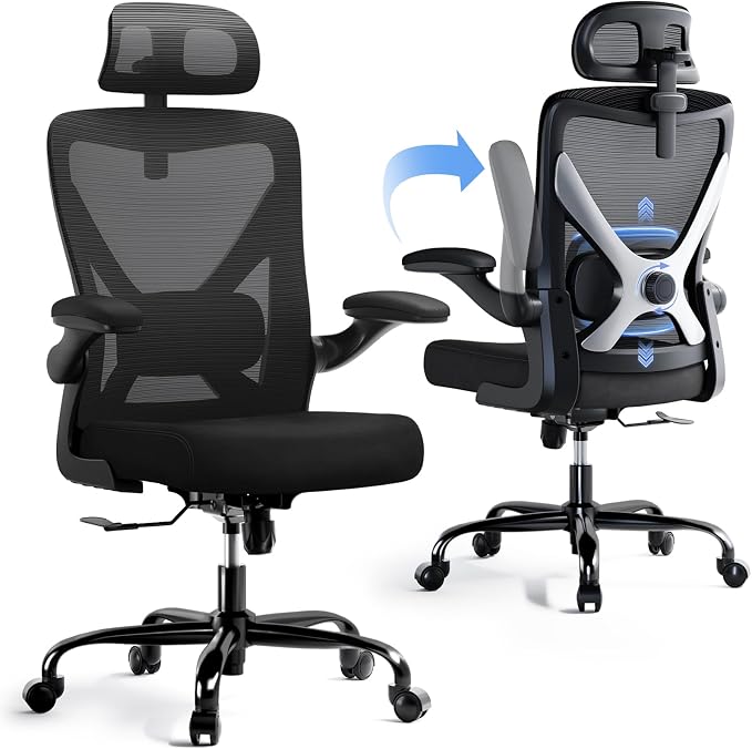 Ergonomic Office Chair: Mesh Desk Chair Comfy with Headrest& Lumbar Support | Ergalithic Big and Tall Office Chairs with Wheels & Flip-Up Arms-Computer Gaming Chairs for Adults Home Office Chairs(Black)