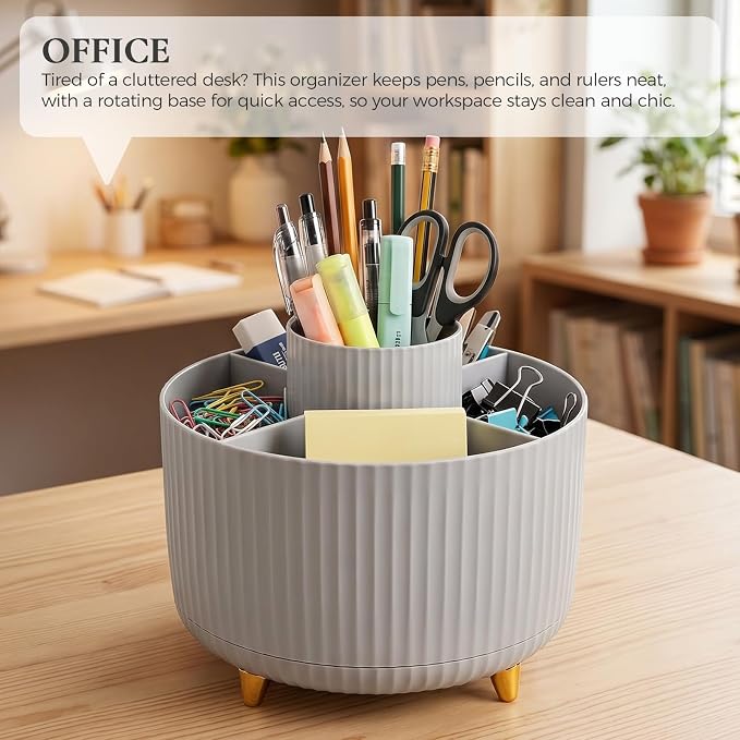 KONVINIT Pencil Pen Holder for Desk, 5 Slots 360-Degree Rotating Desktop Organizer, Cute Desk Organizers and Accessories for School, Home, Office and Art Supply, Grey