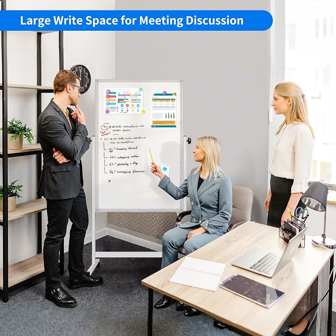 Maxtek Mobile Whiteboard and Cork Board Combo 48 x 32 in, Height Adjustable | Mobile Easel Height Adjustable Magnetic Dry Erase and Cork Board Double-Sided with Stand for Classroom, Home, School, Office