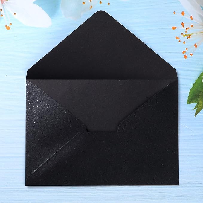 PONATIA 50 Pieces/Pack A7 Envelopes, 5.25 x 7.25'' Black Shiny Envelopes Perfect for 5x7'' Invitation Cards, Weddings Invitations, Photos, greeting Cards, Christmas Gift Cards