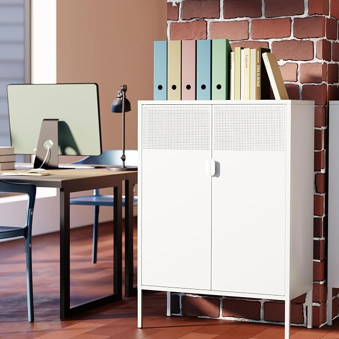 Chshin Metal Storage Cabinet,Kitchen Pantry Storage Cabinets with Doors,Buffet Cabinet with 2 Adjustable Shelves,White Pantry Cabinets,Steel Sideboard for Home,Shoes,Office,Dining Room