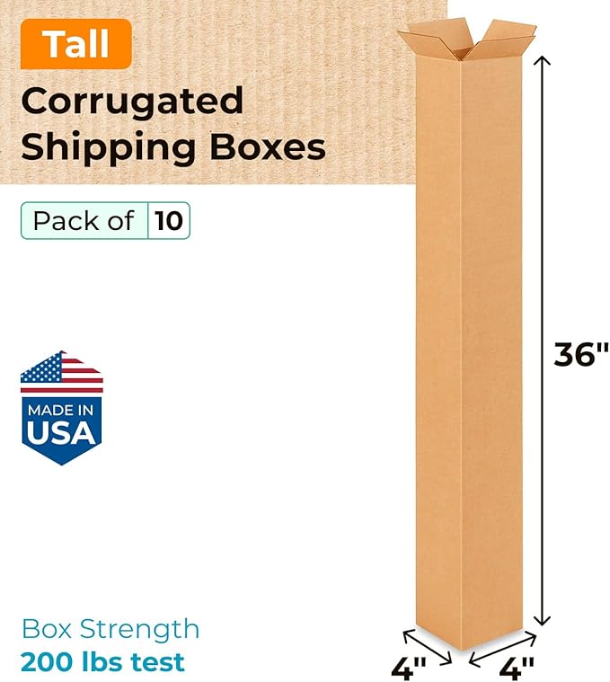 Tall Moving & Shipping Boxes 4x4x36 inches (10-Pack) - Extra Strength 200 lb vs Regular - USA-Made Corrugated Packing Boxes for Moving - Cardboard Shipping Box - Tall Moving Box by IDL Packaging