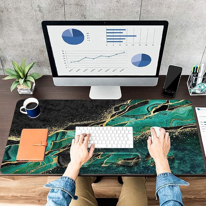 Large Mouse Pad with Wrist Rest, 4-in-1 Wrist Rest for Keyboard and Mouse | Non-Slip Waterproof Desk Mat Set, 35.4"x15.7" Desk Mat+Keyboard Wrist Rest+Mouse Wrist Support+Cup Coaster for Home Office