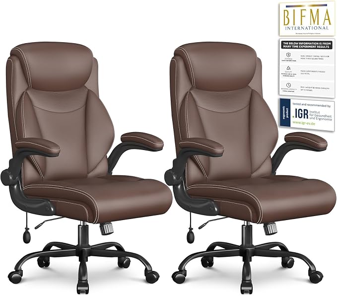 Ergonomic Office Chair, Big and Tall Office Chair, Executive Chair- Padded Leather Comfy Chair with Adjustable Lumbar Support & Flip-Up Arms, Rocking Swivel Chair for Home Office,Brown
