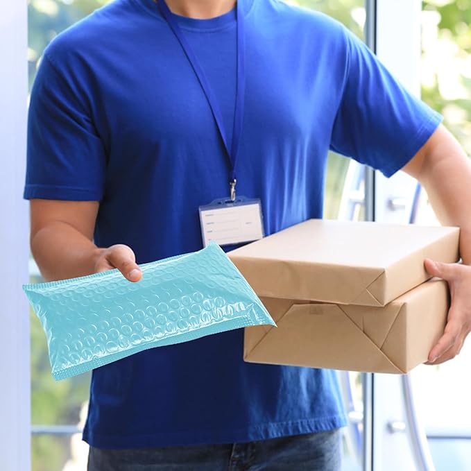 Poly Bubble Mailers 4x8 Padded Envelopes #000 50pcs, Self Seal Shipping Envelopes Padded Packaging for Small Business (Light Blue)