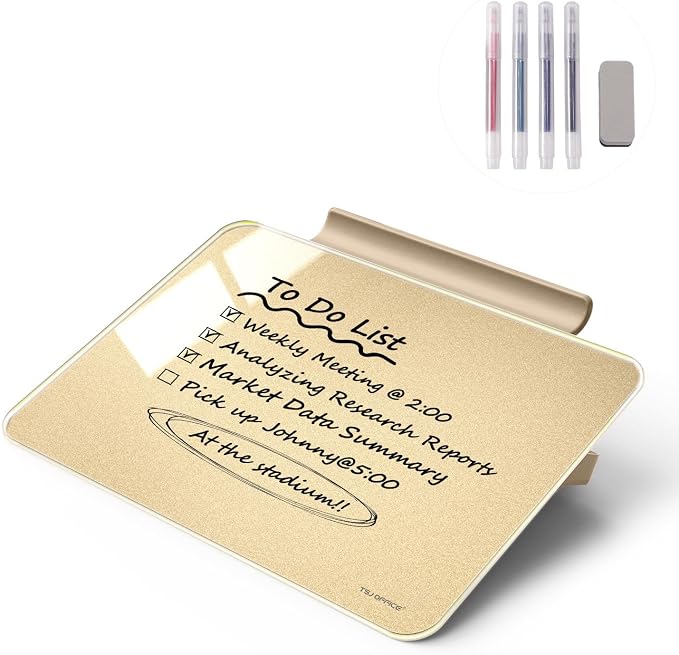 Small Desktop Whiteboard - Glass Dry Erase Board 8 X 6 Inches Tabletop Easel Whiteboard with Stand, Desk Board Buddy for Artist, Teacher and Student - Golden