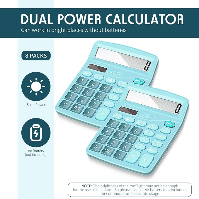 8 Pack 12 Digits Calculator Bulk Calculators Desktop Solar and Battery Dual Power Large LCD Display and Sensitive Butto Handheld for Office, School, Home(Blue)