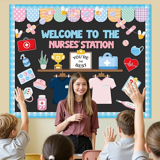 67Pcs School Nurse Bulletin Board Decorations Set, Welcome Back to School Classroom Decorations Kit, Nursing Appreciation Office Decor Medical RN Cutouts Healthcare Workers Chalkboard Door Wall Decor